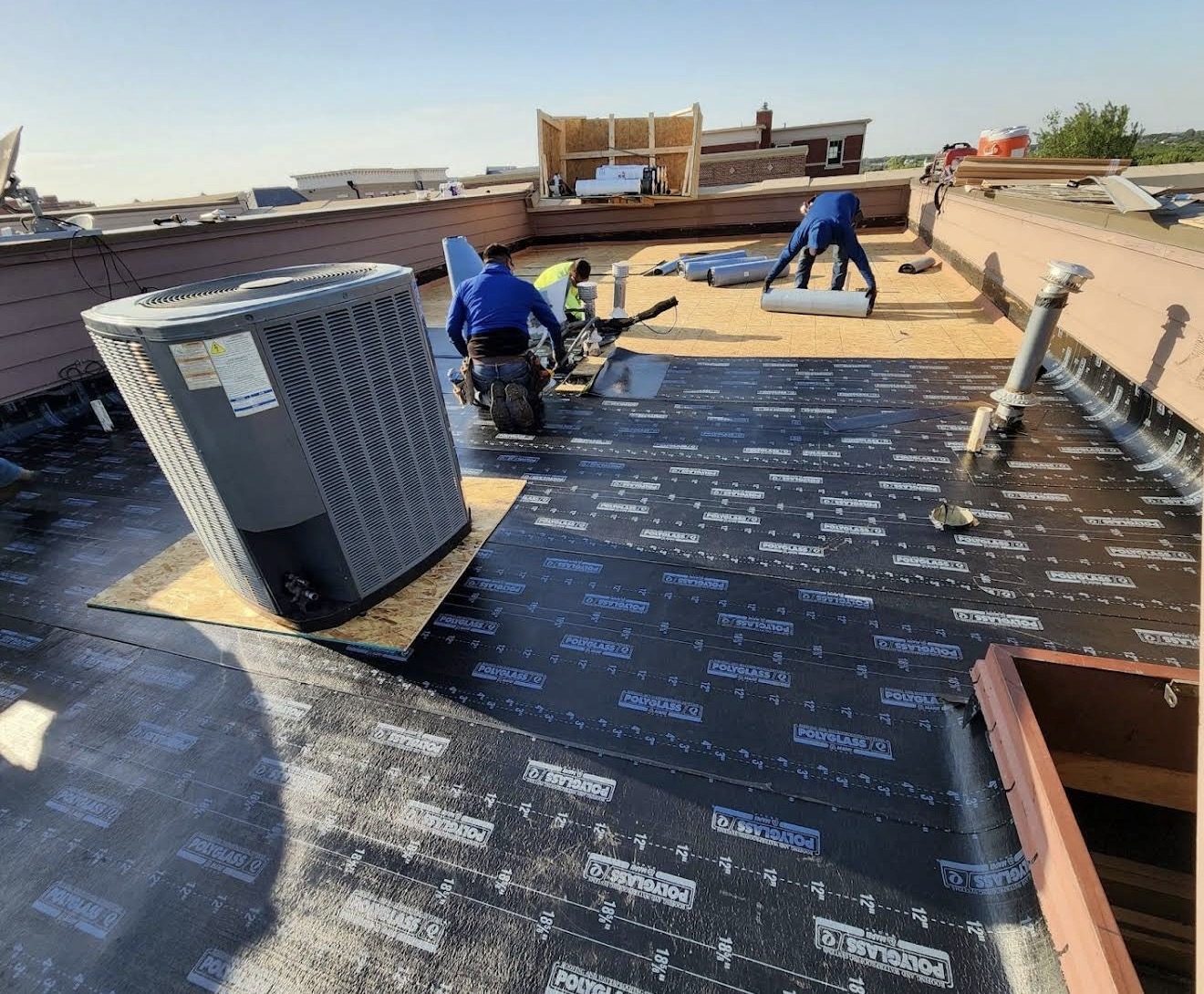 Low-slope roof system installation in progress, Irvine, CA